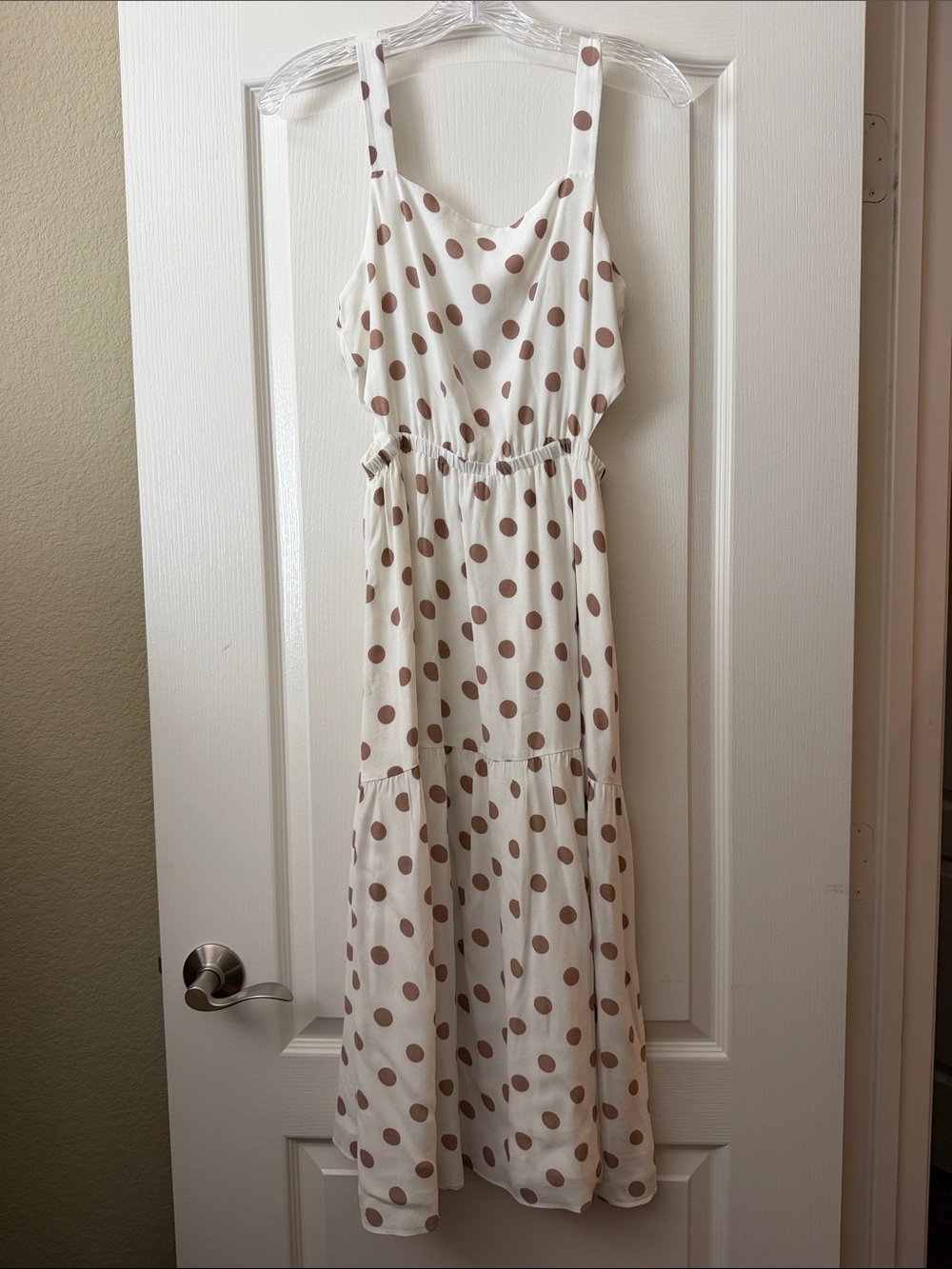 Sleeveless Cream Midi Dress with Brown Polka Dots